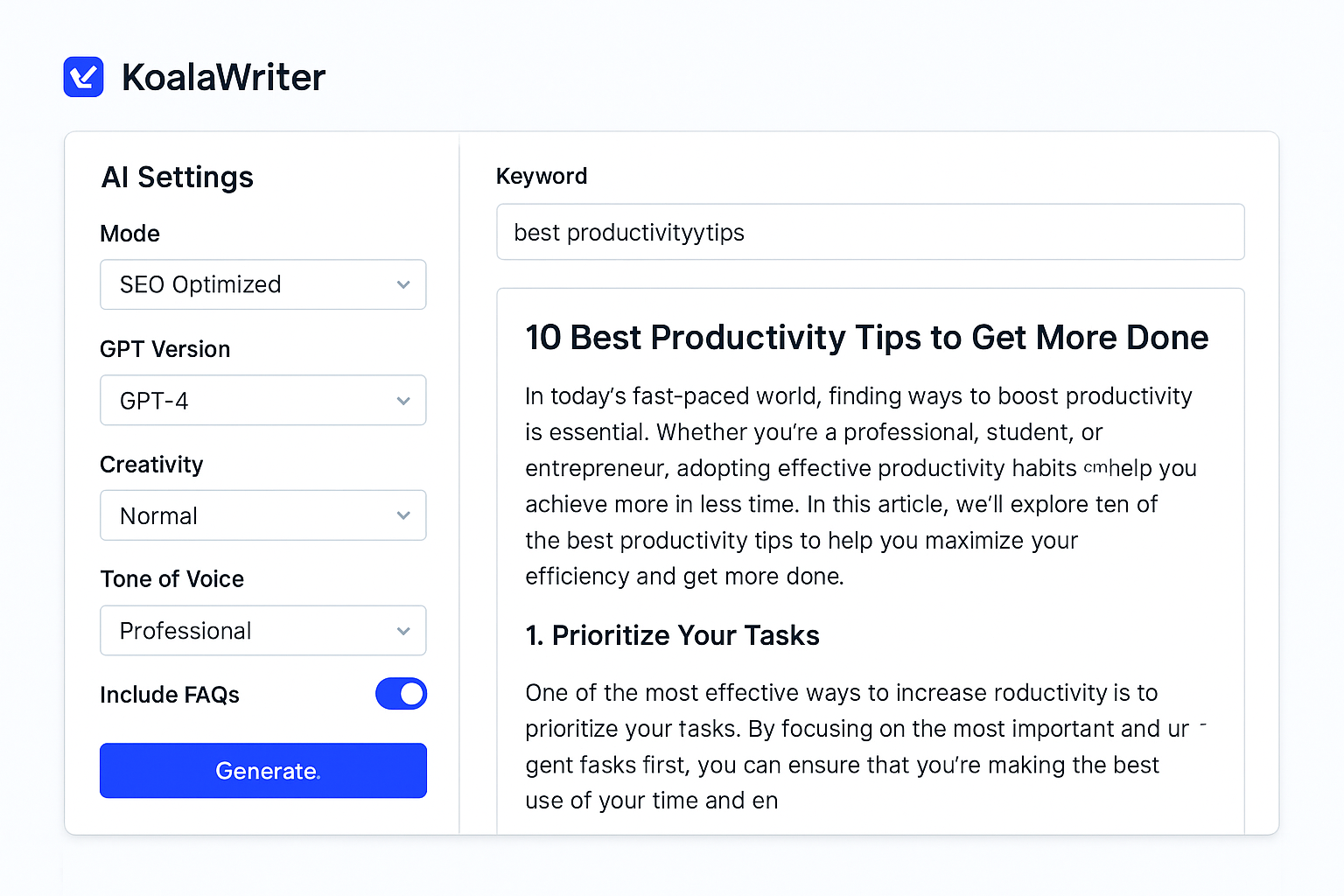 KoalaWriter AI blog post generation interface